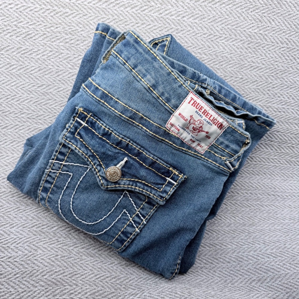 True Religion Joey Mid Rise Flare Jeans Medium Wash Contrast Stitch Size 31